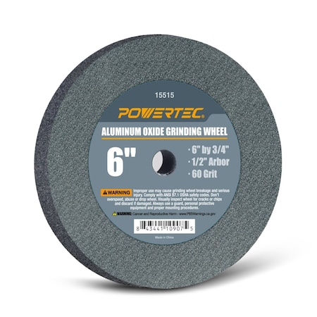 Powertec Aluminum Oxide Grinding Wheel, 6 in. x 3/4 in. with 1/2 in. Arbor, 60 Grit 15515V